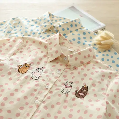 春秋新款可爱卡通猫咪刺绣纯棉长袖衬衣女学生长袖宽松波点点衬衫商品大图