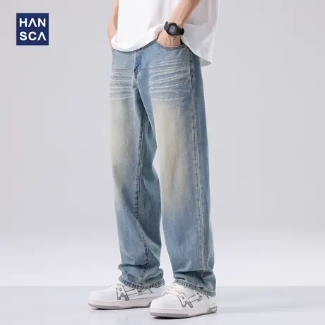 hansca直筒休闲牛仔裤男春季新款美式复古做旧vibe垂感宽松长裤子商品大图