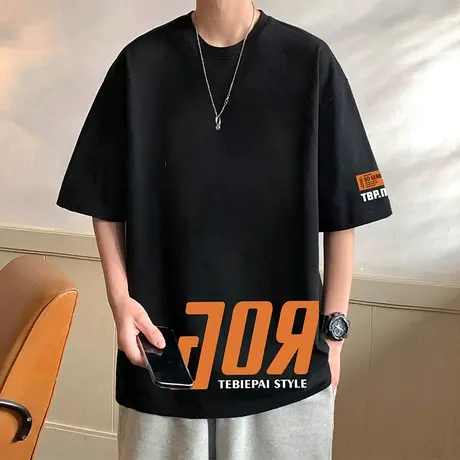 美式复古潮牌短袖T恤男2024新款夏季设计感字母印花纯棉宽松上衣商品大图