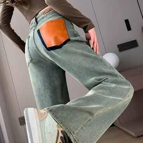 复古直筒牛仔裤女2024春秋高腰显瘦撞色个性时髦宽松窄版阔腿裤子商品大图