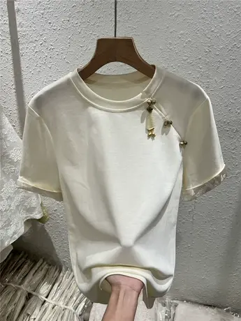 新中式斜盘扣提花短袖T恤女2024春季新款别致时尚设计感国风上衣商品大图