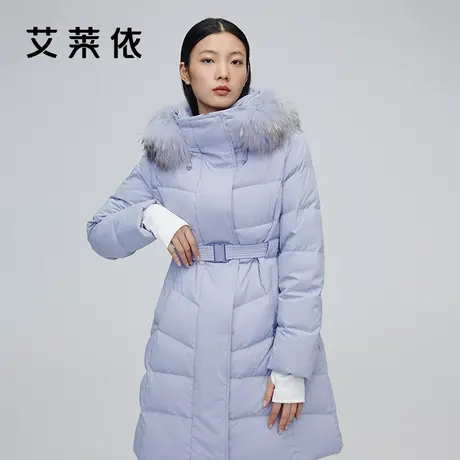 艾莱依新款中长款羽绒服女装商场同款大毛领御寒防风时尚连帽外套商品大图