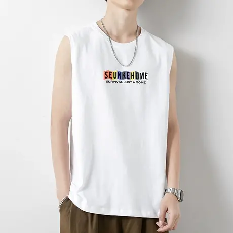 白色背心男士纯棉无袖t恤夏季外穿健身运动坎肩篮球跨栏宽肩汗衫商品大图