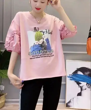 荷叶边拼接中袖T恤女2023夏季新款韩版宽松印花洋气打底休闲上衣商品大图