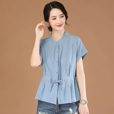 韩潮袭人立领短袖衬衣收腰显瘦2023夏季新款女士衬衫设计感小众商品大图