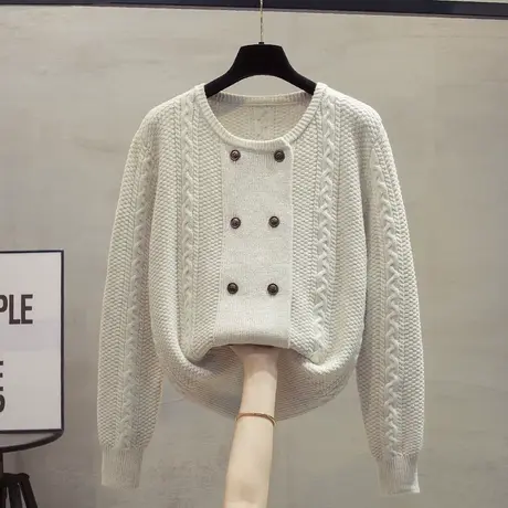 圆领针织开衫女2023秋冬新款宽松慵懒风外穿上衣麻花复古毛衣外套商品大图