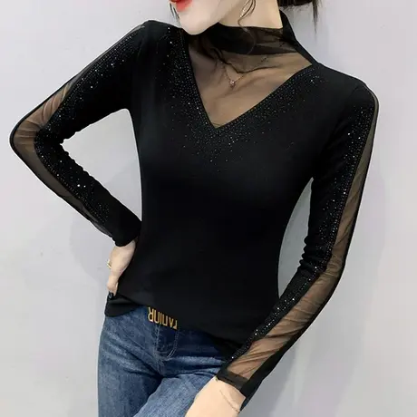 加厚双面绒打底衫女半高领长袖秋冬性感网纱拼接上衣百搭修身T恤商品大图