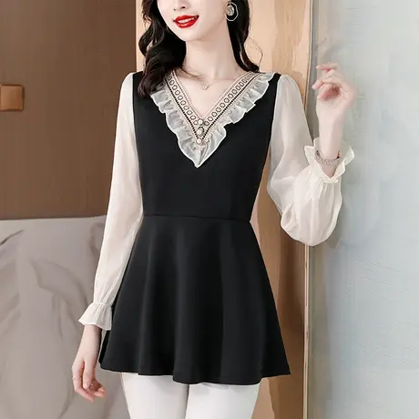 长袖t恤女装2023新款潮中长款打底衫女春秋季内搭早秋上衣v领洋气商品大图