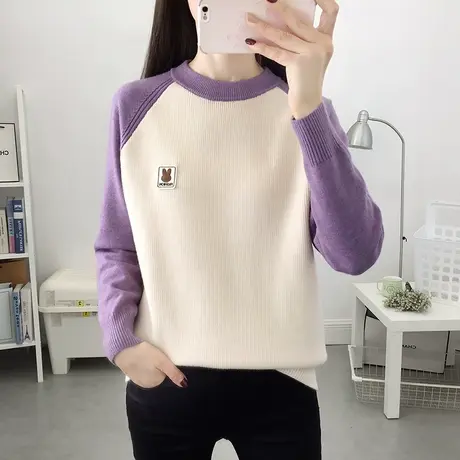 秋装2023新款休闲拼色卡通针织衫打底衫内搭圆领插肩袖宽松毛衣女商品大图