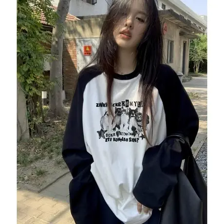 圆领插肩拼接长袖T恤女爆款原宿风宽松女士创意印花百搭纯棉复古商品大图