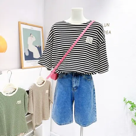 2023夏季新款华夫格上衣韩国东大门chic刺绣条纹宽松T恤大码显瘦商品大图