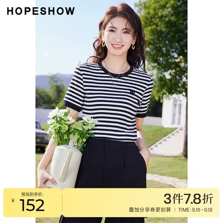 红袖outlets字母主题印花T恤hopeshow2023春季新款圆领套头短袖女商品大图
