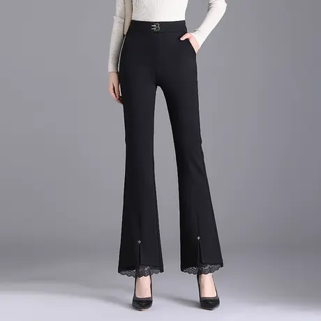黑色蕾丝开叉微喇叭裤女秋季2023新款高腰弹力通勤职业长裤休闲裤商品大图
