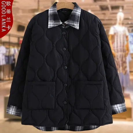 中年胖妈妈装秋冬季假两件小棉衣加肥加大码女装撞色格子棉服外套图片