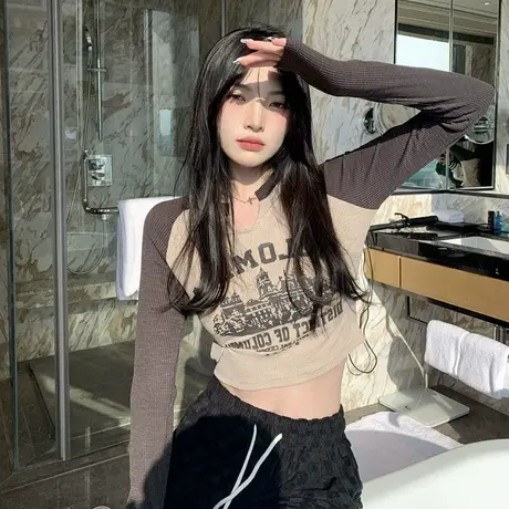 美式复古辣妹风长袖T恤女ins潮针织内搭打底衫秋冬短款设计感上衣商品大图