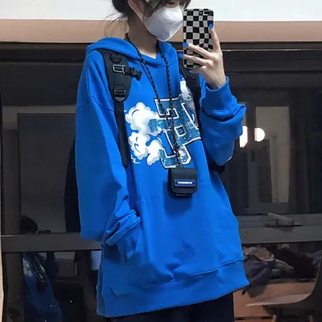 克莱因蓝卫衣女秋冬宽松韩版ins上衣bf慵懒风小个子加绒加厚外套商品大图