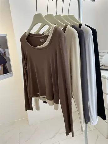 甜辣风假二件长袖T恤！2023春款弹力显瘦大U领短款上衣打底衫女潮商品大图