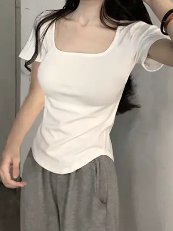 夏季纯欲U领短袖t恤女法式甜辣风小众独特别致设计感辣妹短款上衣图片