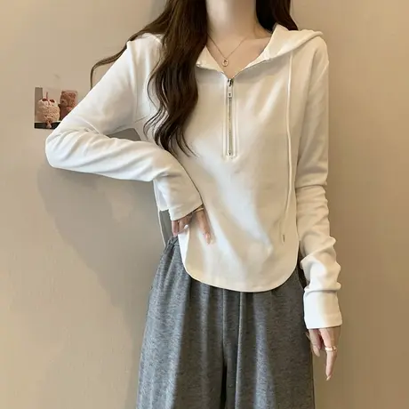 半拉链设计感小众长袖T恤女春秋季修身显瘦短款小个子连帽上衣潮图片