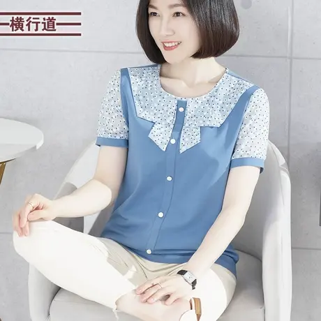 圆领碎花雪纺短袖T恤女装2023新款夏装宽松纯色拼接半袖洋气上衣商品大图