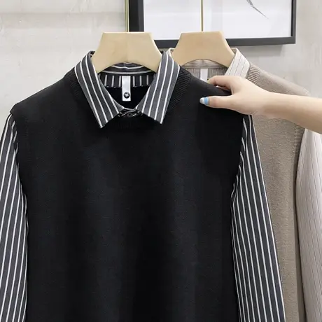 男士假两件针织衫外套商务高端轻奢男装秋季上衣衬衫领毛衣男秋冬商品大图