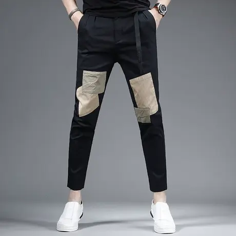 黑色裤子男款九分裤夏季薄款2023新款潮流补丁个性男士休闲裤9分商品大图