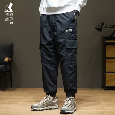 希越方格子灯芯绒休闲裤男双层户外冲锋裤春秋宽松大码束脚长裤子商品大图