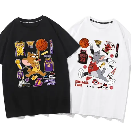 秀洛卡通动漫T恤猫和老鼠飞人扣篮打篮球运动训练衣服纯棉短袖T恤商品大图