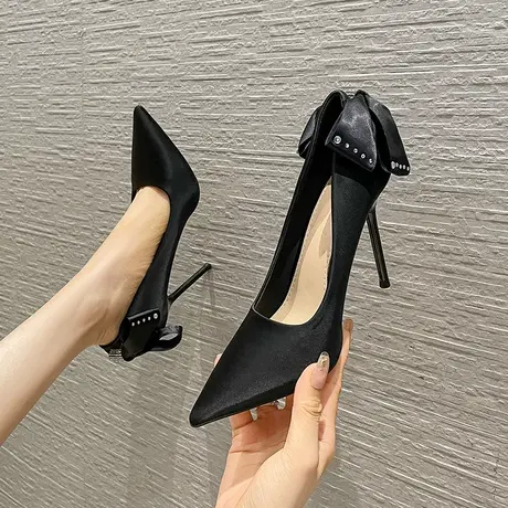 黑色高跟鞋女细跟2023年春夏季新款性感气质仙女风蝴蝶结尖头单鞋图片