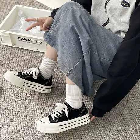 厚底帆布鞋女2023夏季新款韩版运动休闲鞋增高百搭系带板鞋小白鞋商品大图
