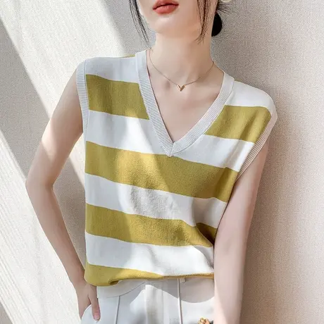 冰丝条纹背心女夏季宽松休闲小众纯欲风V领百搭甜辣外穿无袖上衣商品大图