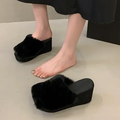 毛毛拖鞋女外穿厚底坡跟2024新款秋季小个子高跟增高洋气包头半拖图片