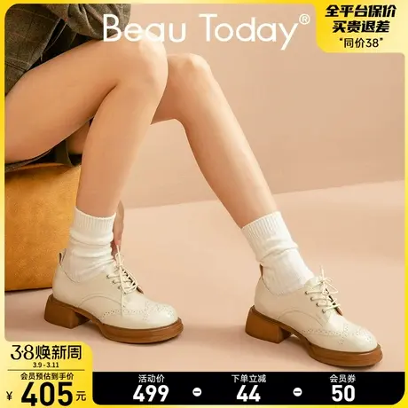 BeauToday 英伦风小皮鞋女春秋系带粗跟单鞋黑色布洛克鞋牛津鞋BT图片