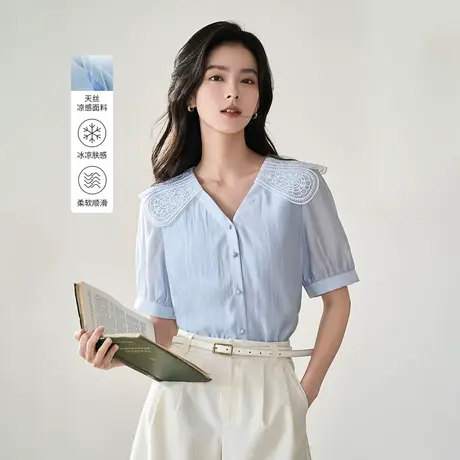 茵曼2023夏季女装新款法式通勤拼接绣花欧根纱V领泡泡袖衬衫衬衣商品大图