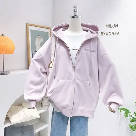 2023春秋款连帽上衣韩国东大门别致字母拉链开衫外套卫衣宽松大码图片
