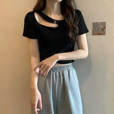镂空短袖t恤女夏季2023年新款韩版打底衫设计感小众修身短款上衣图片