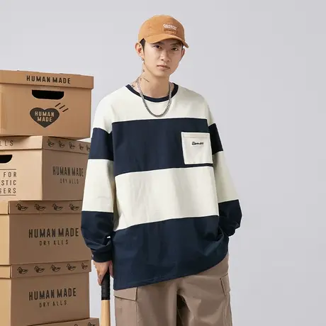 男生美式条纹卫衣男春秋季宽松圆领上衣长袖t恤2023年新款打底衫商品大图