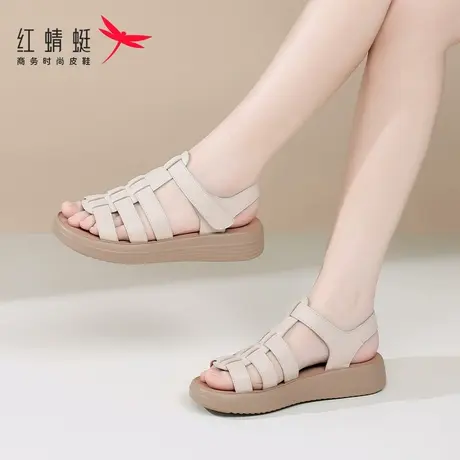 红蜻蜓夏季女士平底厚底复古罗马凉鞋女款2025新款真皮妈妈猪笼鞋图片