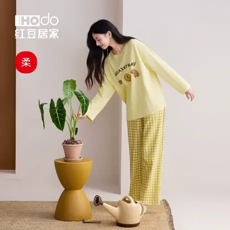 红豆居家套头长袖长裤睡衣卡皮巴拉纯棉女春柔软家居服可外穿薄款图片
