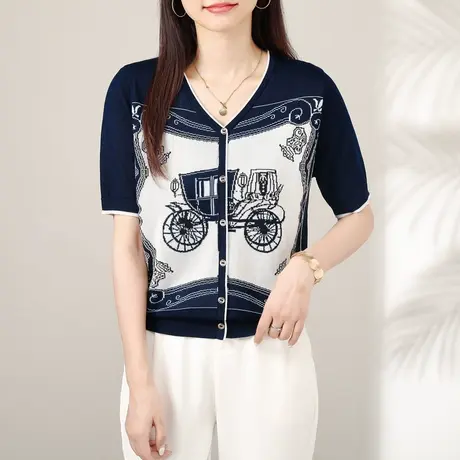 复古高级老爷车提花短袖女夏薄款V领套头假开衫T恤女宽松针织上衣商品大图
