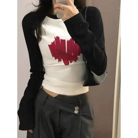 爱心印花内搭打底衫女初秋百搭修身显瘦小个子短款辣妹长袖T恤潮商品大图