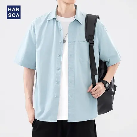 hansca蓝色纯棉短袖衬衫男2024新款夏季潮牌宽松休闲衬衣翻领上衣商品大图