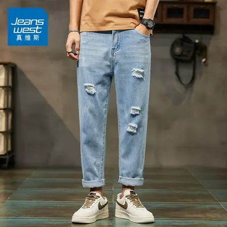 KZ真维斯春季春秋款浅蓝色破洞牛仔裤男士九分休闲男裤子直筒宽松商品大图