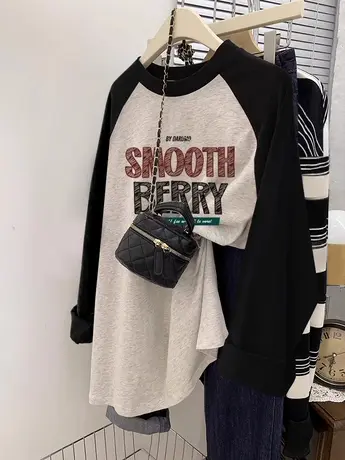 撞色设计感大码t恤女秋季内搭ins潮美式复古chic无帽纯棉长袖上衣图片