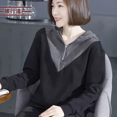 连帽女卫衣2023年新款胖MM冬季新款套头衫假两件套宽松外穿运动服图片