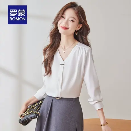 罗蒙女士时尚休闲V领长袖衬衫2025秋季新款知性通勤百搭显瘦衬衣图片