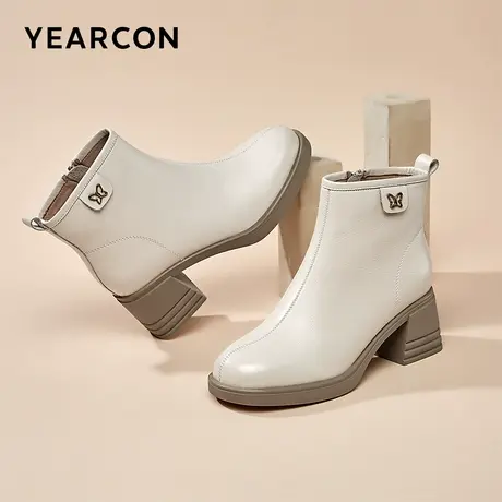 意尔康女鞋2023冬季加绒皮鞋女士粗跟短筒英伦风小短靴真皮踝靴商品大图