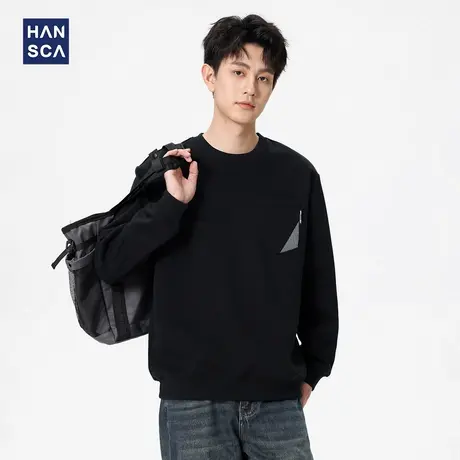 hansca300g重磅美式圆领套头卫衣男2025秋季新款撞色口袋拼接上衣图片