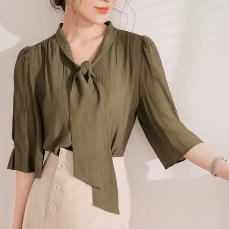 桔熊秋通勤气质蝴蝶结绑带杨柳雪纺衬衫修身上衣女装大码AB17494图片