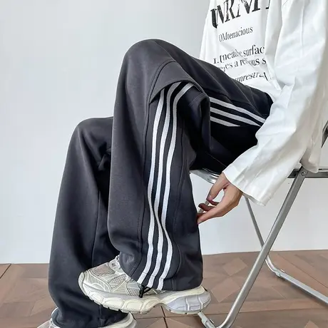 美式裤子男春秋季新款侧边条纹宽松直筒阔腿裤复古运动休闲长卫裤商品大图